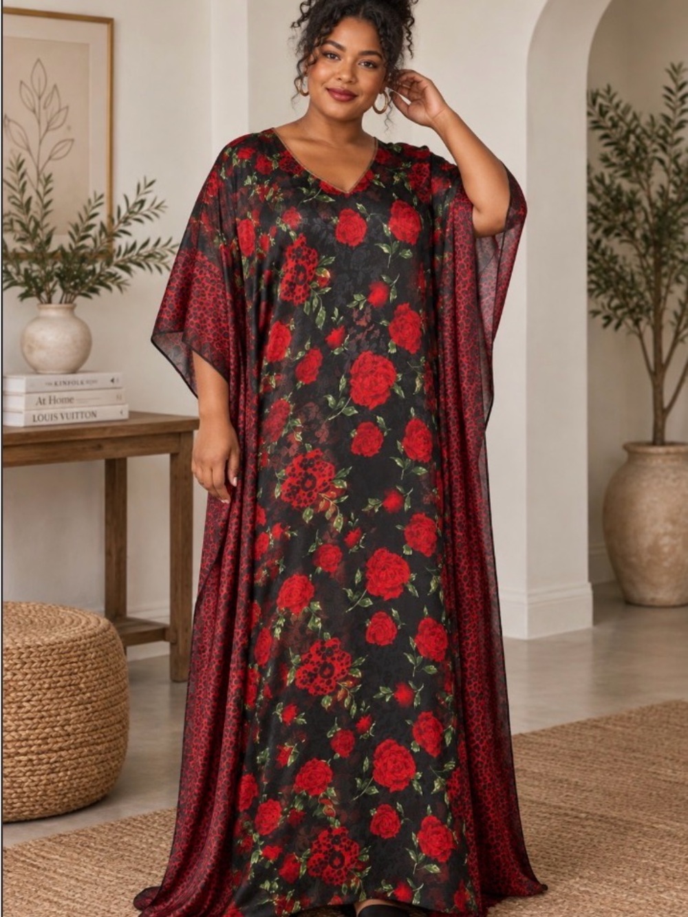 Gold Coast Floral Caftan Black Red Rose Print V Neck Gold Trim  Maxi OS Vintage